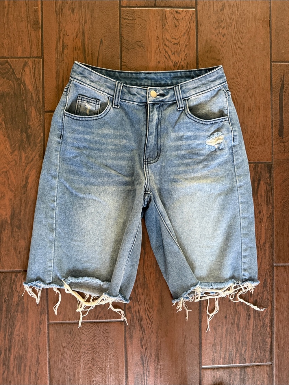 Women's Light Blue Distressed Denim Bermuda Shorts